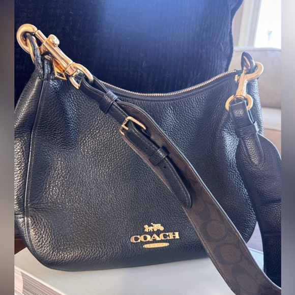 Coach Handbags - Coach Black Pebbled Leather Shoulder Bag with Signature Canvas Strap